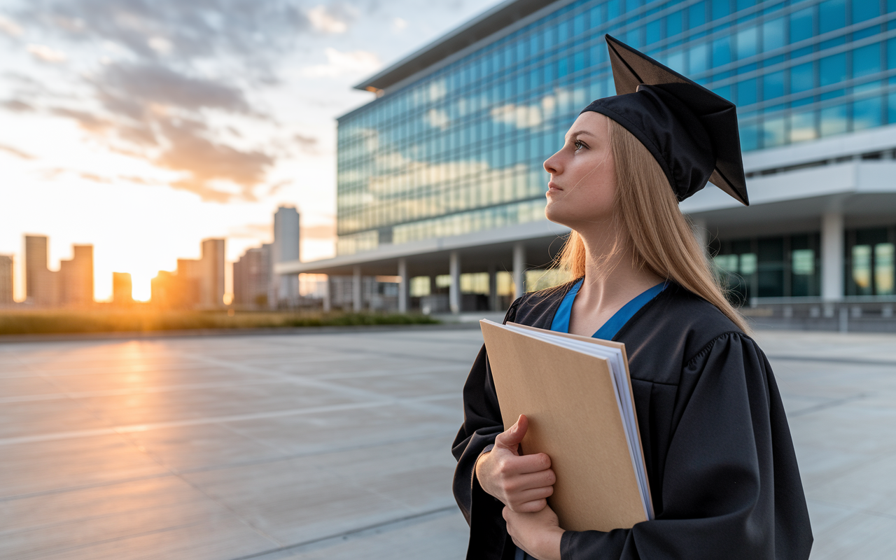 A contemplative young graduate stands outside a large modern hospital, looking up at the building with determination. She appears deep in thought, weighing her options as she holds a folder of residency applications. The skyline in the background is bathed in the golden light of sunset, symbolizing both hope and new beginnings. The hospital's welcoming facade adds to her sense of optimism. The image conveys the emotional journey of making a crucial life decision.