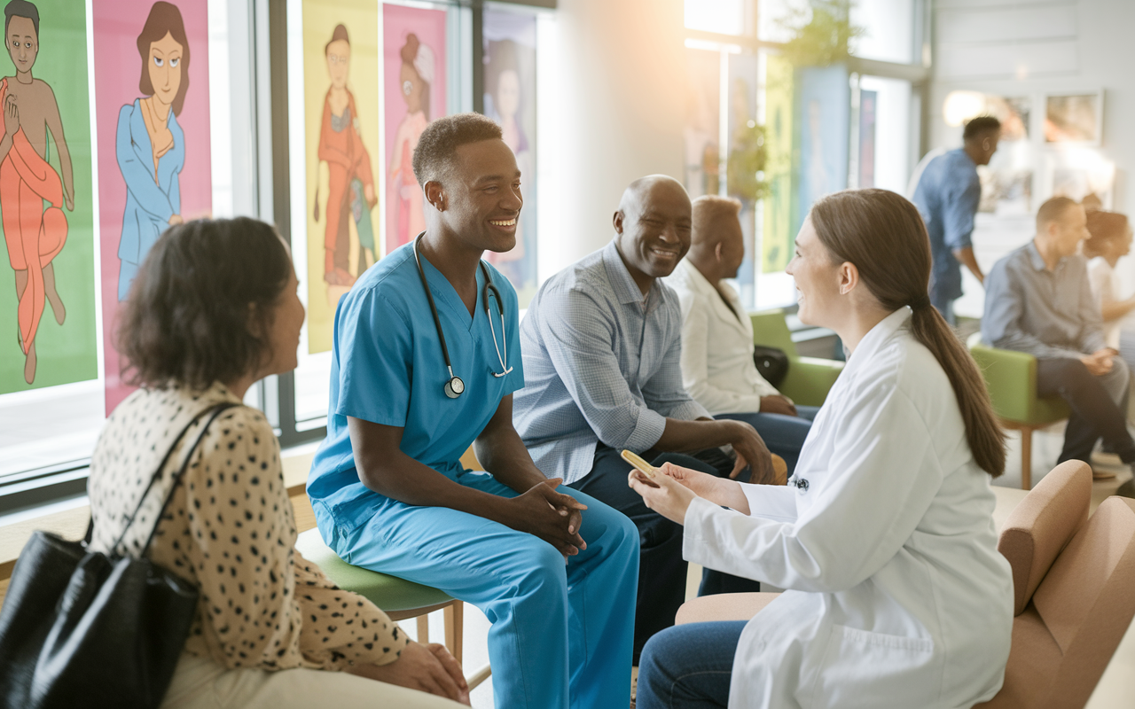 A medical intern shadowing a compassionate physician in a bustling clinic, interacting with a diverse group of patients. Brightly lit waiting area with colorful posters promoting health, patients of different ages and backgrounds, and valuable interactions showcasing empathy and care. Warm lighting to convey a sense of hope and healing.