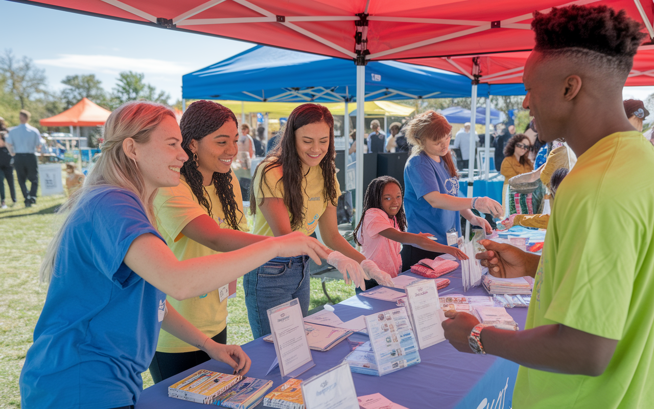 A vibrant community health fair with interns actively engaging with local residents, handing out educational materials and conducting health screenings. Colorful booths under a sunny sky, families learning about healthy lifestyles, depicting a proactive approach to public health. Bright, optimistic atmosphere fostered by cheerful volunteers and community connections.