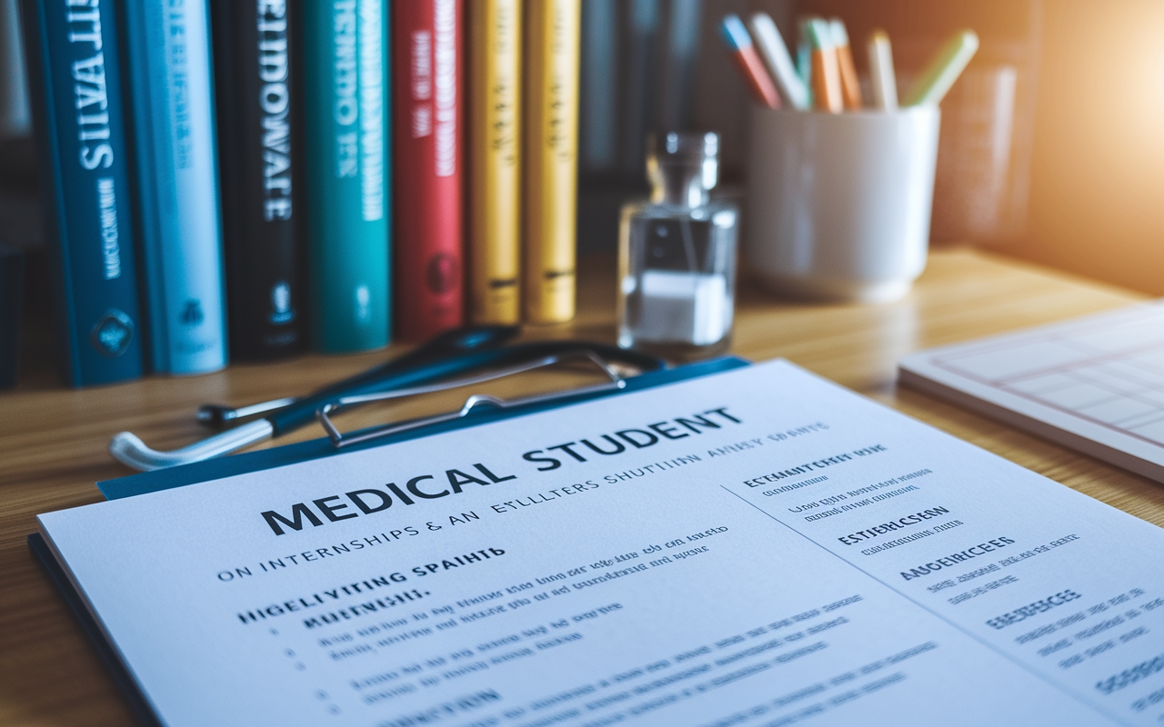 A close-up of a medical student's resume featuring highlighted sections on internships and volunteer work, with bullet points showcasing skills and experiences. The background shows an inviting study space with medical textbooks and certificates, reflecting ambition and dedication to the medical field. Soft focus on the resume, with warm ambient light creating a cozy atmosphere.