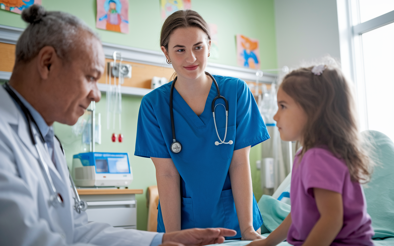 A young woman, Sarah, in scrubs, attentively observing a pediatrician interacting with a young patient in a hospital room. Bright, empathetic atmosphere filled with medical equipment, children's drawings on the walls, and a sense of warmth and care in the air. Focused expression on Sarah's face representing her aspiration and commitment to pediatrics.