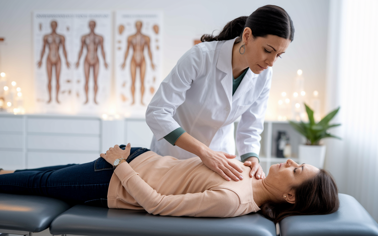 A focused scene of a DO practicing osteopathic manipulative treatment with a middle-aged female patient in a clinical setting. The DO, a Hispanic woman, gently applies hands-on techniques to the patient’s back, who is lying comfortably on an exam table. The room is bright, with anatomical charts on the walls and a sense of calmness highlighted by soft, diffused light. The atmosphere conveys professionalism, trust, and healing, showcasing the intricate art of OMT in patient care.