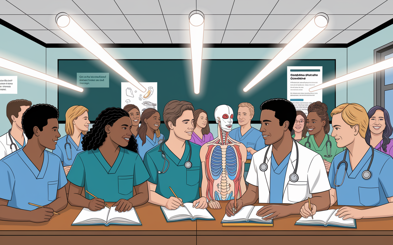 A vibrant classroom scene filled with diverse medical students, some wearing scrubs and others in casual attire, engaged in animated discussions. On one side, a group of osteopathic students, including a Black woman and a Latino male, study medical anatomy together, showcasing camaraderie and collaboration. Bright overhead lights create an energizing atmosphere, symbolizing a new generation of medical professionals committed to holistic medicine. Educational materials about osteopathic principles are visible in the background, emphasizing growth and acceptance.