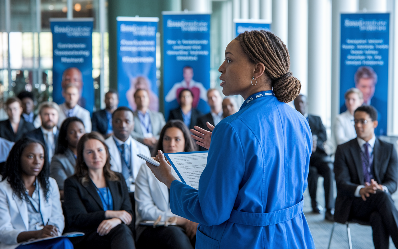 A determined DO in a blue lab coat, Dr. Angela Wallace, is confidently delivering a presentation at a medical conference. The audience, a diverse group of medical professionals, attentively listens as she explains complex cardiology concepts using visual aids. The conference venue is modern and well-lit, with banners highlighting osteopathic medicine. The scene encapsulates empowerment and knowledge sharing, emphasizing the evolving roles of DOs in specialized fields.