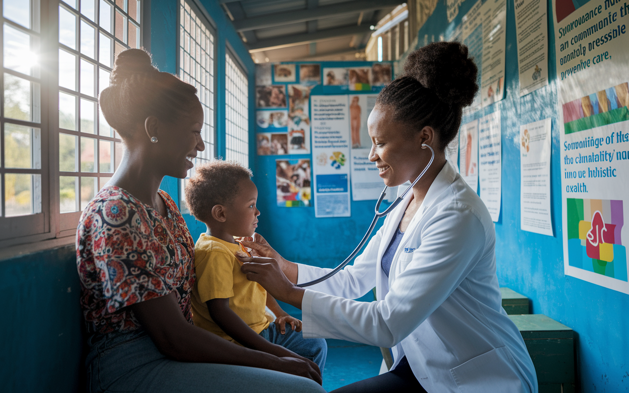 A busy rural clinic with a caring DO, an African American woman, examining a child with a stethoscope while the child's mother watches with a smile. The clinic is vibrant and welcoming, filled with community health posters promoting preventive care. The atmosphere is filled with warmth and compassion, surrounded by healthcare posters that emphasize the importance of holistic health. Sunlight pours through the windows, symbolizing hope and accessibility in underserved communities.