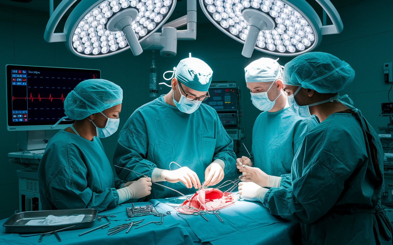 A dynamic surgical scene showcasing a cardiothoracic surgeon performing an intricate heart surgery. The surgeon, focused and skilled, is in the process of replacing a heart valve while an anesthesiologist and a surgical nurse assist. Bright surgical lights illuminate the operating table, highlighting the precision of the instruments used. A large monitor displays real-time heart function, and other surgical team members are engaged in the procedure, all showcasing teamwork and dedication in a high-stakes environment.