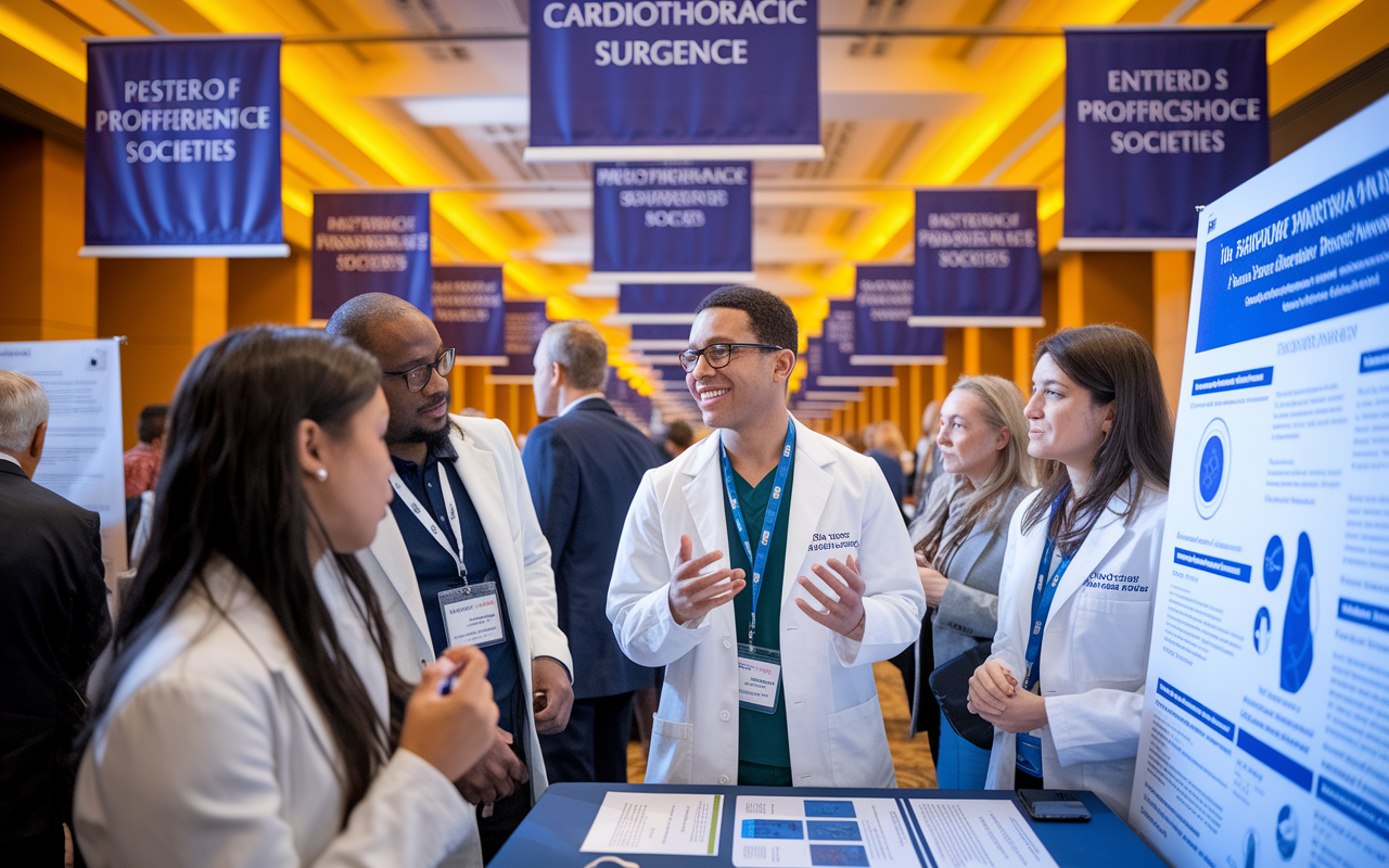 A vibrant scene of a medical student engaging with professionals at a cardiothoracic surgery conference. The student is animatedly discussing research findings at their poster presentation, surrounded by interested attendees. The atmosphere is bustling with energy, banners of the conference loom overhead displaying the names of prestigious societies, and various participants are captured in deep conversation. Warm lighting enhances the feeling of camaraderie and professional growth among the attendees.