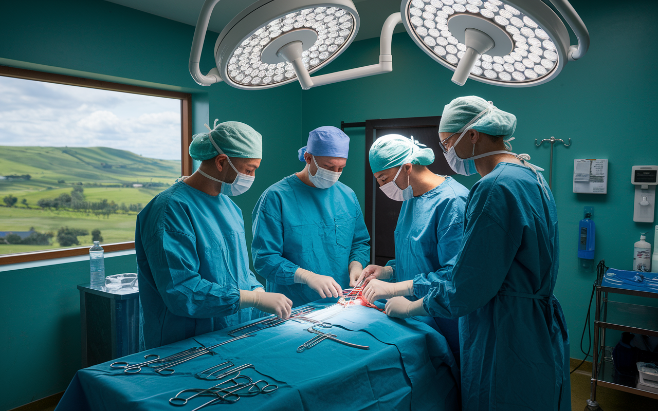 Inside a modest rural surgery room, a diverse surgical team, consisting of a surgeon, a nurse, and an anesthesiologist, is preparing for a complex procedure. The room is equipped with basic surgical tools, and bright overhead lights illuminate their focused faces. There is a large window showing a view of rolling green hills outside, symbolizing the rural setting. The atmosphere conveys determination and teamwork despite resource constraints.