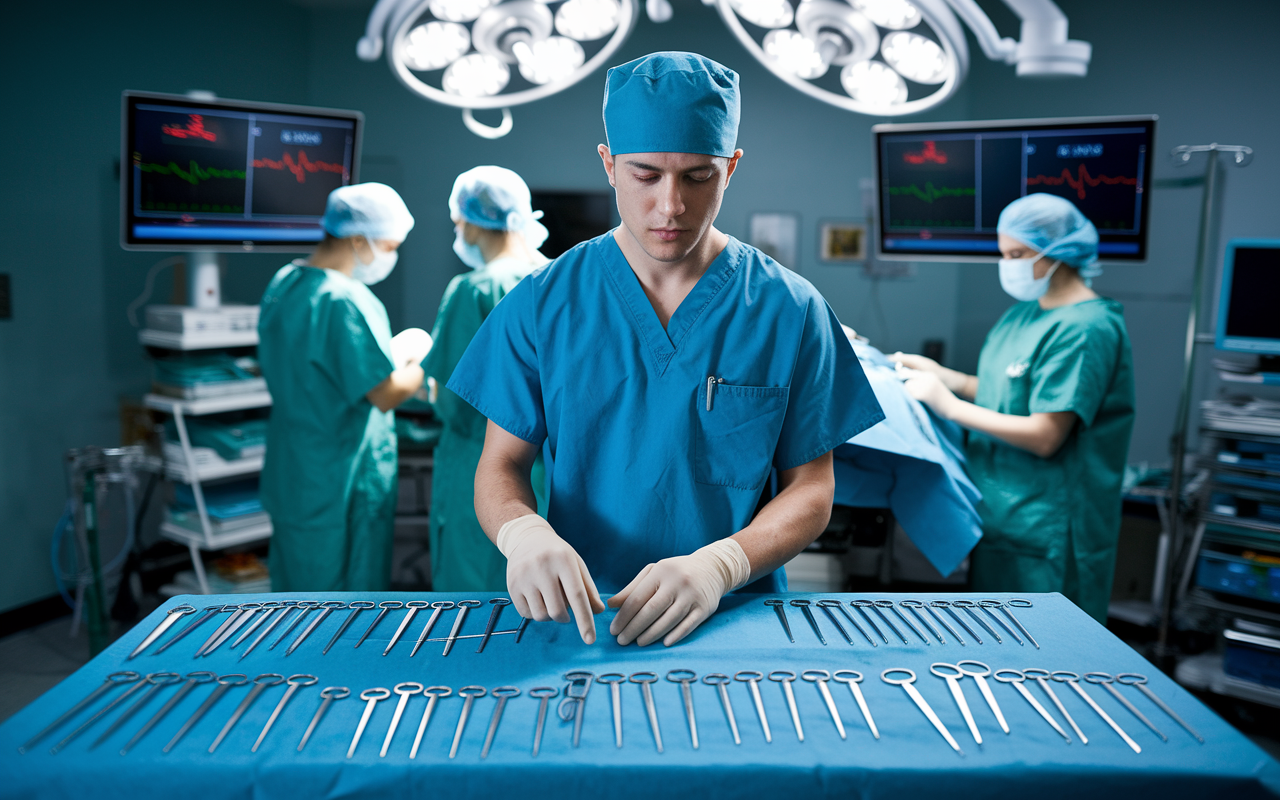 A young surgical resident in scrubs, confidently preparing for a procedure in a small, busy operating room. Various surgical instruments are arranged neatly on a sterile table, while monitors display patient vitals. In the background, medical staff are engaged in a consultation, emphasizing the collaborative efforts in handling a diverse range of surgical cases. The bright, sterile lights create a focused atmosphere of learning and growth.