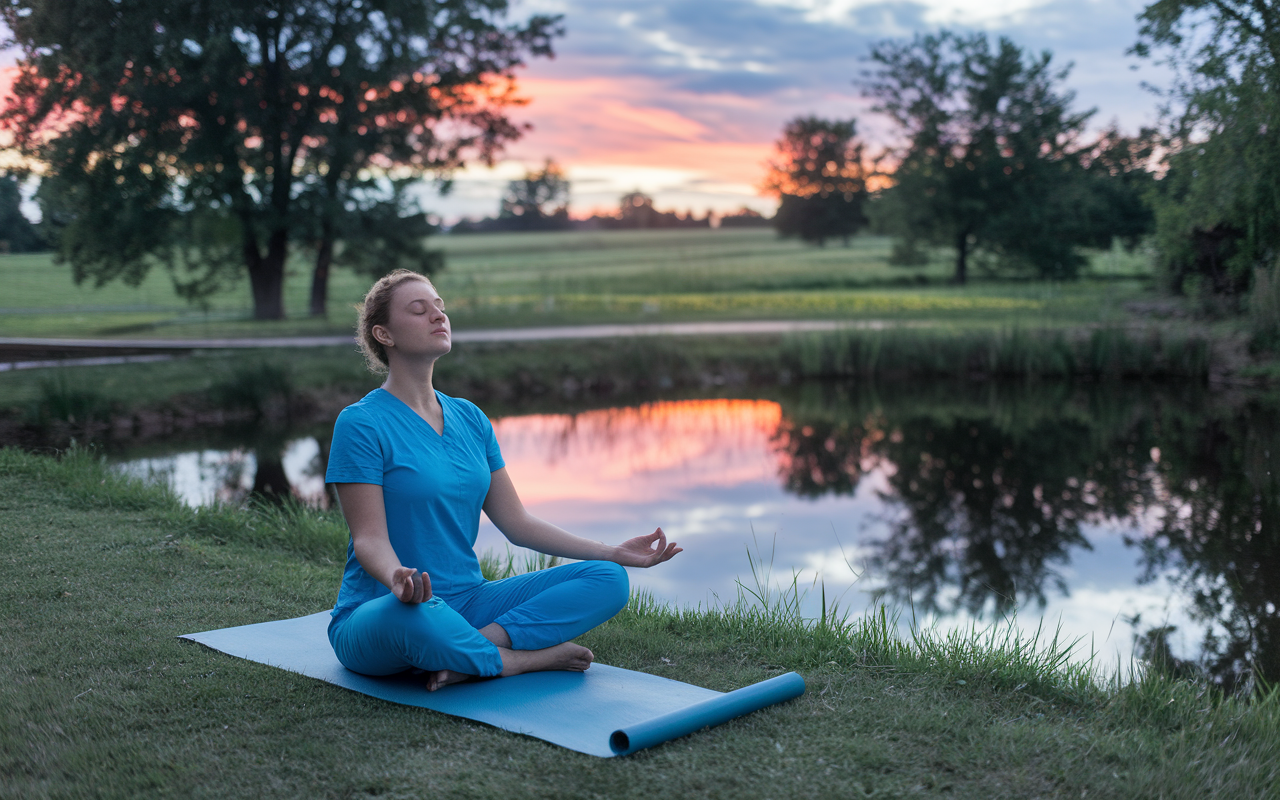 A surgical resident in casual attire, enjoying a moment of relaxation in a picturesque rural park at dusk. Surrounded by trees and a tranquil pond reflecting the colorful sky, the resident is practicing yoga or meditating, demonstrating the importance of self-care. The peaceful environment contrasts with the hectic pace of the hospital, symbolizing the need for balance amidst challenges.