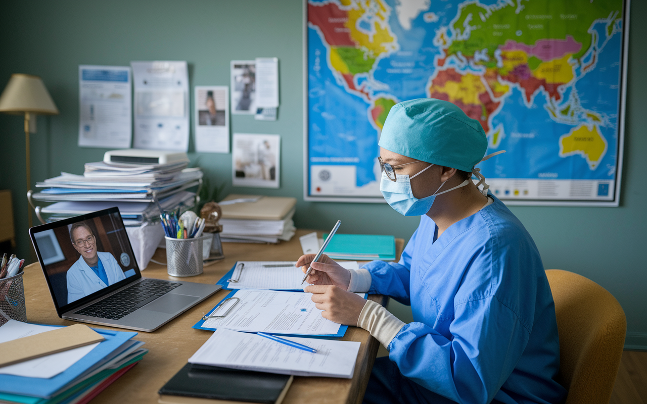 A surgical resident engaged in a telemedicine consultation with a specialist, sitting at a desk filled with medical charts and a laptop showing a video call. The room has a cozy feel, and a community map is pinned on the wall, emphasizing the connection to the local population. This scene captures the resourcefulness and innovation required in rural practice.