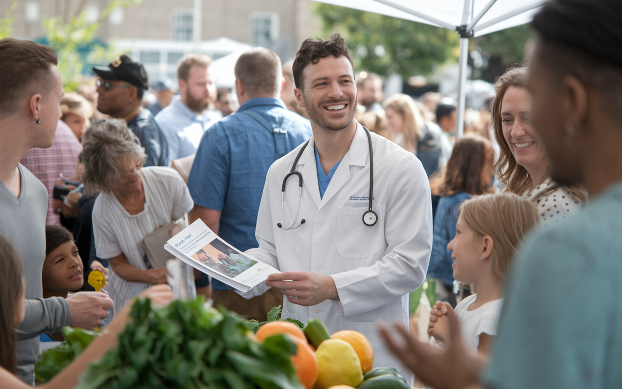 A surgical resident participating in a local community event, surrounded by families, children, and local leaders at a farmers' market. The resident, smiling and engaging with community members, is holding a health pamphlet. The scene captures the warmth of small-town interactions, emphasizing the importance of building relationships and support within the community.