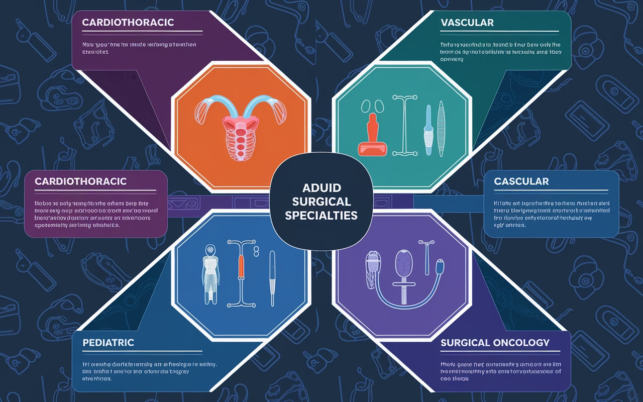 An informative infographic displaying various surgical specialties available for fellowship training: cardiothoracic, vascular, pediatric, and surgical oncology. Each specialty is represented with images of surgical instruments and procedures relevant to each field. The infographic is vibrant, professionally designed, conveying the diversity and complexity of advanced surgical practices. The background features a subtle pattern of surgical diagrams to enhance the educational aspect.