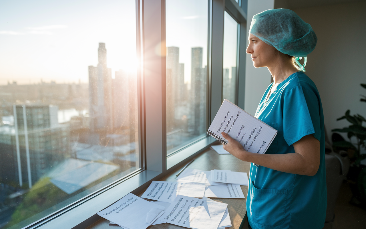 A thoughtful surgical resident standing by a window, gazing out at a cityscape while holding a notebook filled with career aspirations and goals. Sunlight streams in, creating a warm atmosphere that suggests contemplation and hope. The resident, dressed in scrubs, appears focused and determined. Scattered papers on a desk behind them highlight various fellowship opportunities and potential specialties they're considering. The scene captures introspection and determination.