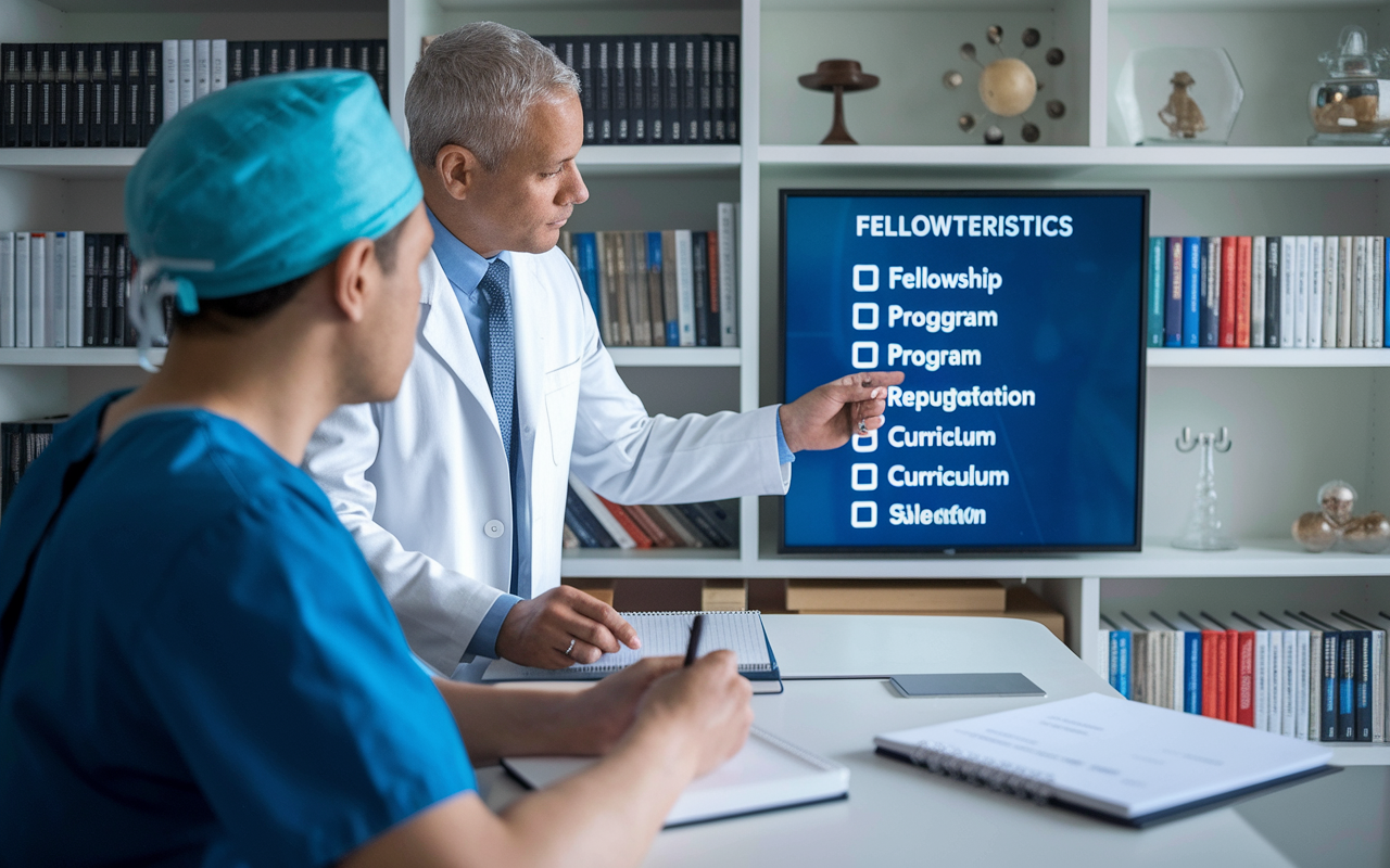 An academic advisor guiding a surgical resident through a checklist of fellowship characteristics in a modern office. The advisor, a seasoned surgeon, points to a digital screen displaying key factors like program reputation and curriculum, while the resident takes notes intently. The office is filled with surgical textbooks and artifacts, creating an inspiring and educational environment, reinforcing the importance of careful fellowship selection.