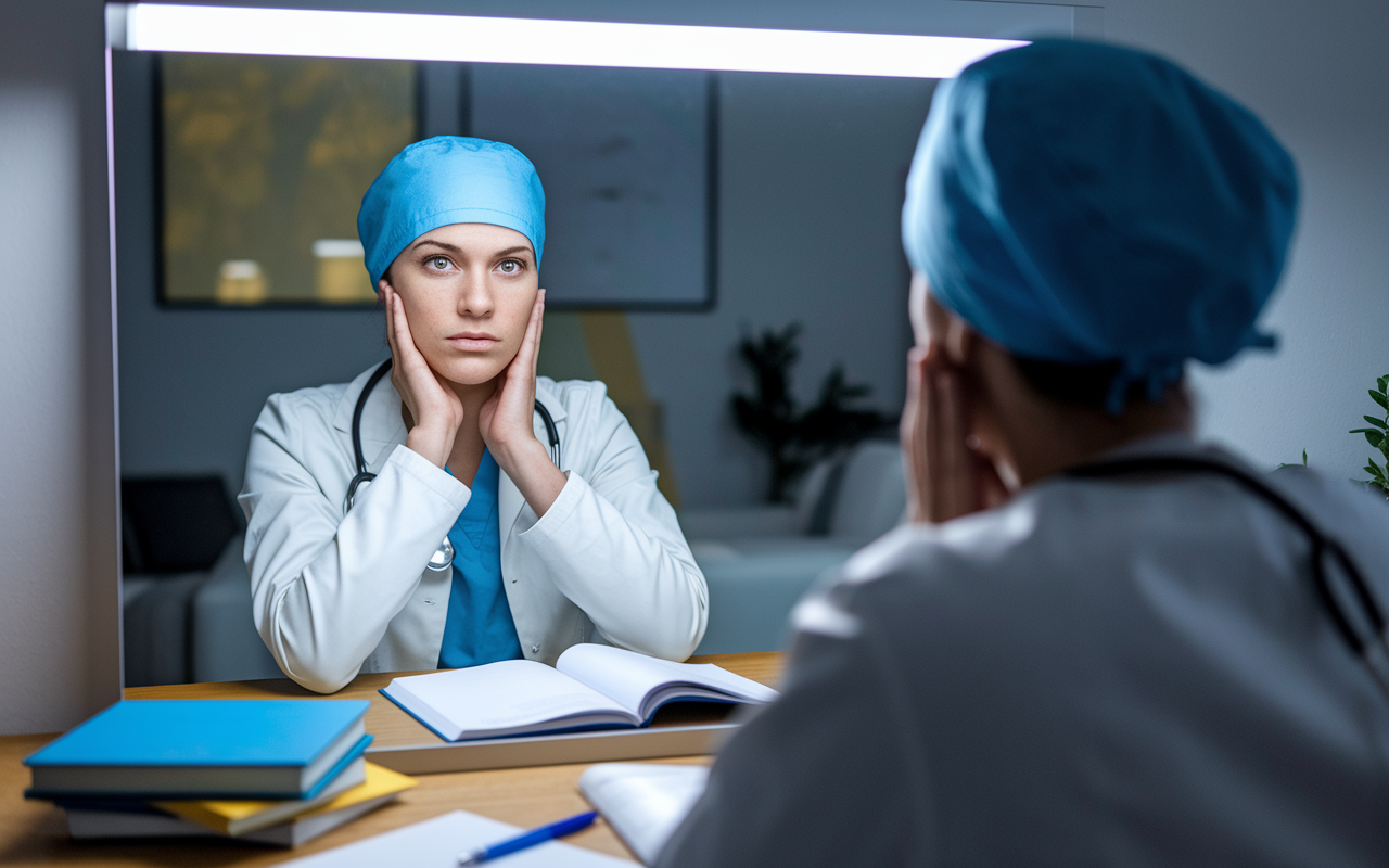 A focused surgical resident practicing interview responses in front of a mirror, dressed in professional attire. Notes and books are scattered on a table nearby, showcasing preparation for questions related to fellowship applications. The room has an air of concentration, illuminated by soft overhead lighting, highlighting the resident’s dedication and anxiety about the upcoming interviews.