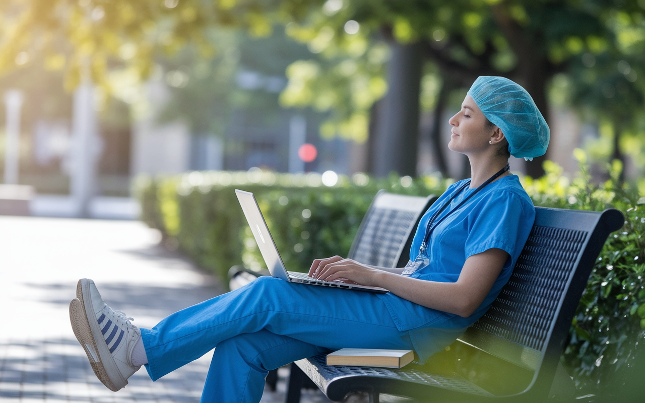 A surgical fellow enjoying a peaceful moment outdoors, sitting on a bench surrounded by greenery, with a laptop open and a book beside them. The scene captures a perfect blend of work and relaxation, with sunlight filtering through the trees, reflecting a tranquil atmosphere. The fellow is engaged in thoughtful reflection, possibly contemplating personal growth and wellness amidst their demanding career.