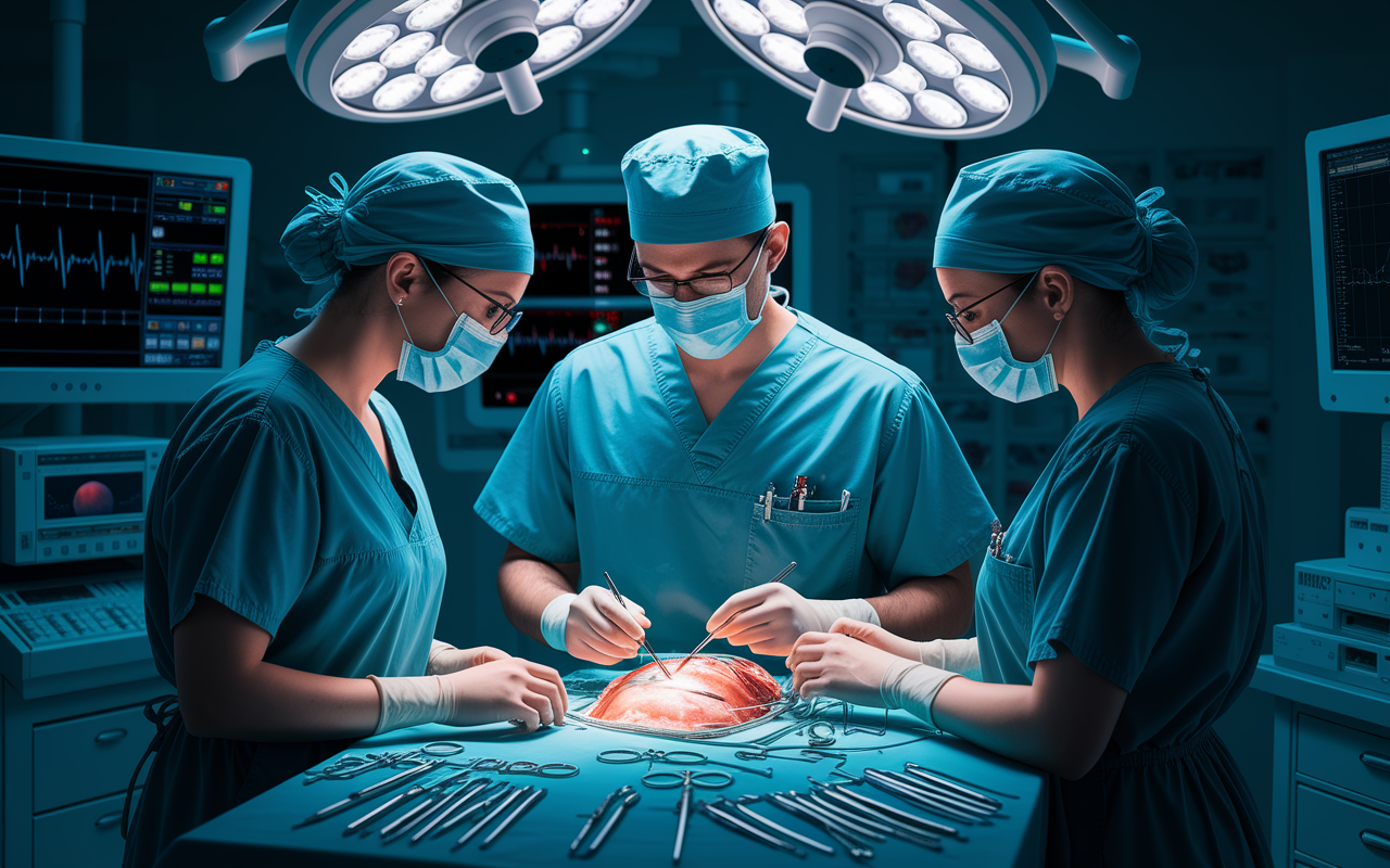 An illustration of a surgical resident at work in a bright operating room, surrounded by a team of medical professionals engaged in a complex surgery. The expressions on their faces reveal a mixture of focus and concern, with monitors displaying vital statistics in the background, and precise instruments laid out meticulously. The lighting is intense, emphasizing the seriousness of the situation, with shadows enhancing the depth of the scene. This captures the high-stakes nature of surgical residency.