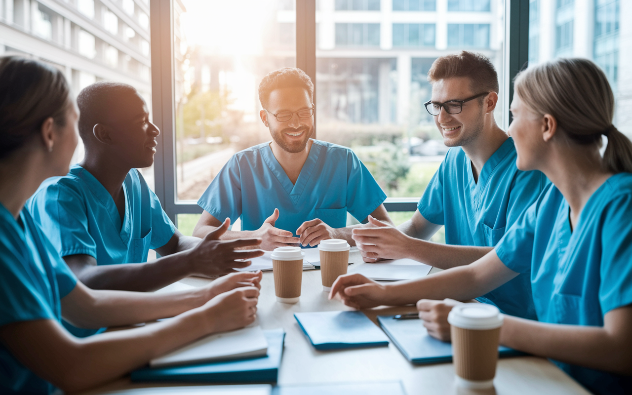 A small group of surgical residents gathered in a bright break room discussing their schedules. The atmosphere is friendly and collaborative, with medical books and coffee cups scattered on the table. Each person shows expressions of understanding and camaraderie, highlighting the importance of communication and support among peers. Natural lighting enters through large windows create a warm, inviting atmosphere, countering the stress of residency.