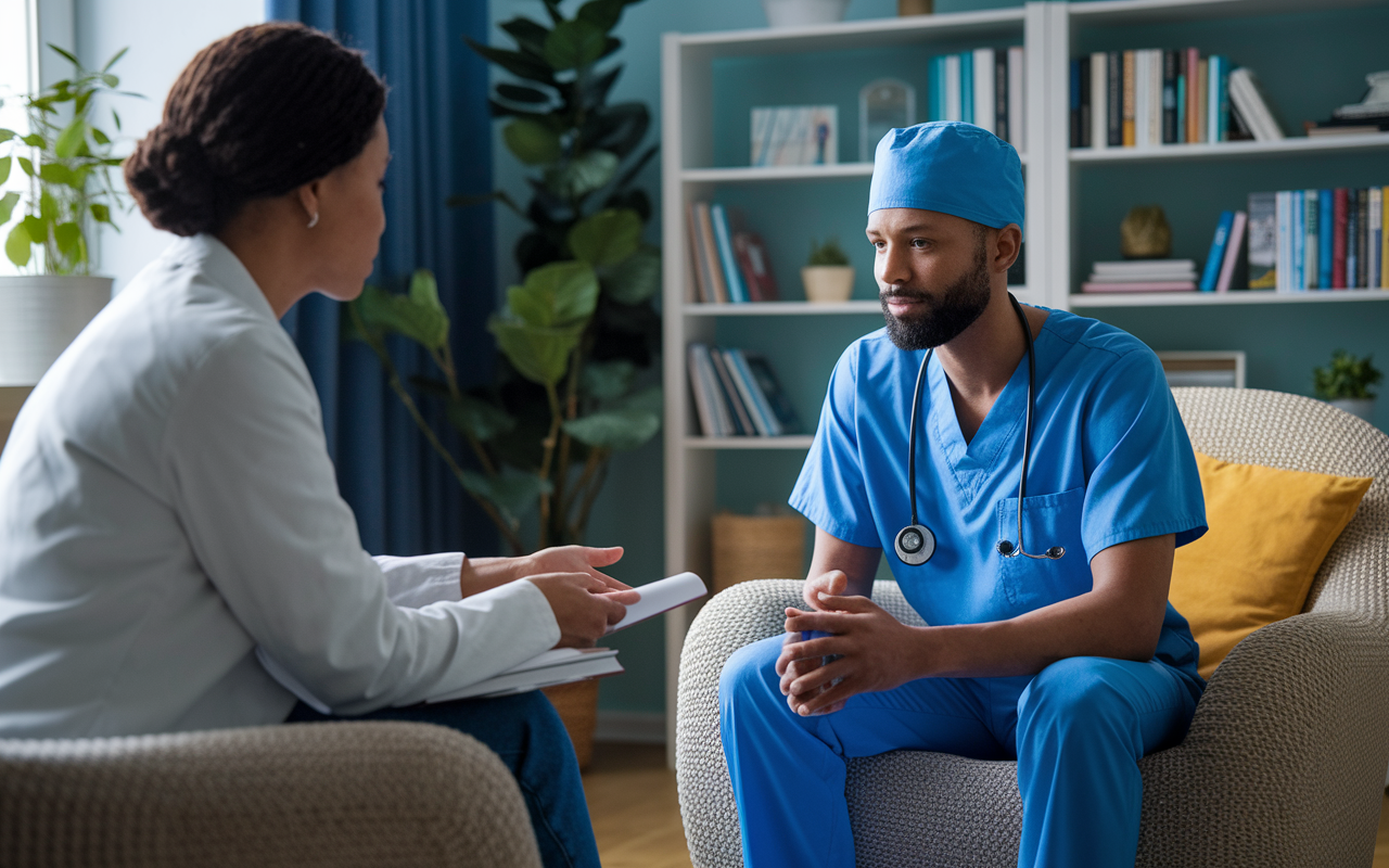 A surgical resident sitting in a cozy therapist's office, engaged in deep conversation with a mental health professional. The room is adorned with calming decor, soft lighting, and bookshelves filled with resources. The resident's face shows a mixture of relief and contemplation, as they discuss challenges faced during their residency. This scene emphasizes the value of seeking professional help and support.