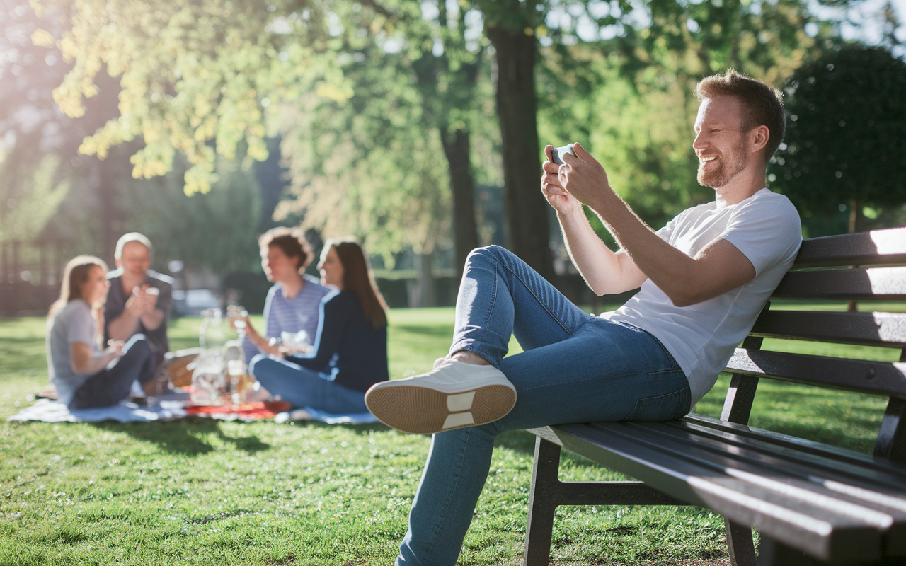 A serene moment depicting Kevin, a surgical resident, relaxing on a park bench after a long shift. He is smiling while capturing a photo of his friends enjoying a picnic nearby. The setting shows vibrant green trees, sunlight filtering through the leaves, and laughter in the air, signifying a balanced approach to life despite the challenges. The warmth and tranquility highlight the importance of personal time amidst a demanding residency.