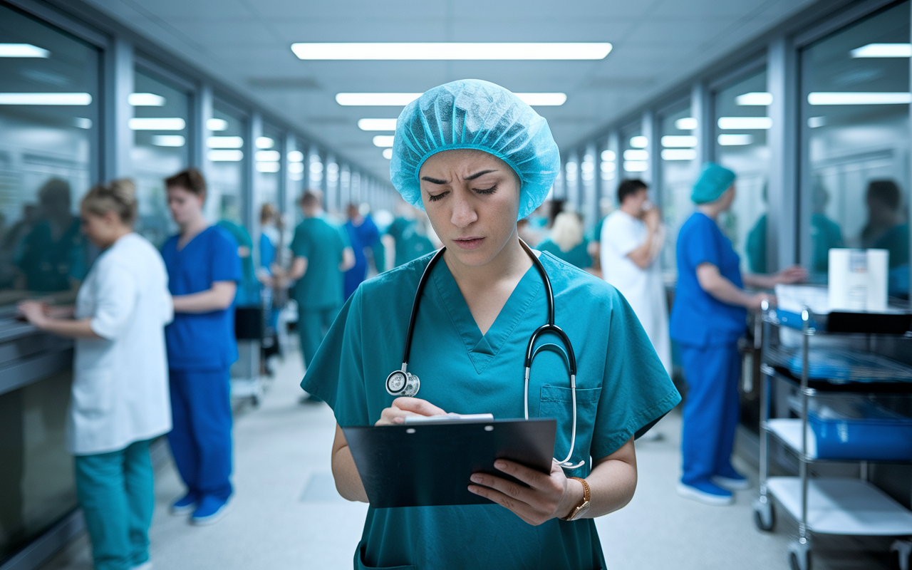 An orthopedic surgery resident, looking focused and slightly anxious, is standing in a busy hospital corridor, surrounded by bright fluorescent lights. They are holding a clipboard, reviewing patient notes with a mix of urgency and concentration. The corridor is bustling with medical staff, patients, and a few medical equipment carts, creating a dynamic, chaotic atmosphere.