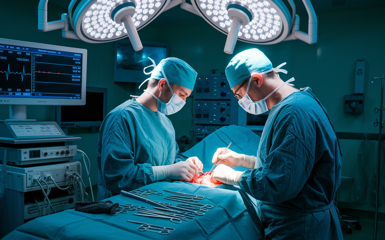 An intense operating room scene with an orthopedic surgery resident in scrubs working alongside an attending surgeon during a complex surgical procedure. Bright surgical lights illuminate the OR, showcasing various surgical tools laid out meticulously. The resident is focused, holding retractors, while the attending surgeon skillfully operates, highlighting teamwork and the high-pressure nature of surgical duties. A monitor displays vital stats, adding to the atmosphere of urgency and professionalism.