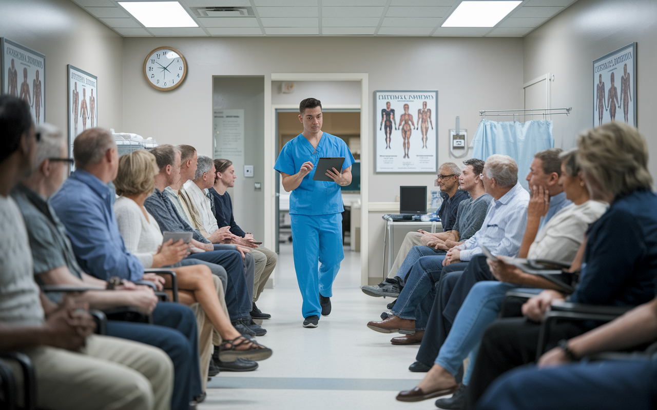 A bustling orthopedic clinic filled with patients waiting for consultations. An orthopedic surgery resident, balancing between exam rooms, engages quickly with a patient, using a tablet to document medical history. The room is bright and sterile with medical posters on the walls, but the atmosphere is tense due to the fast pace. A clock on the wall shows time is slipping away, emphasizing the pressure to perform efficiently.