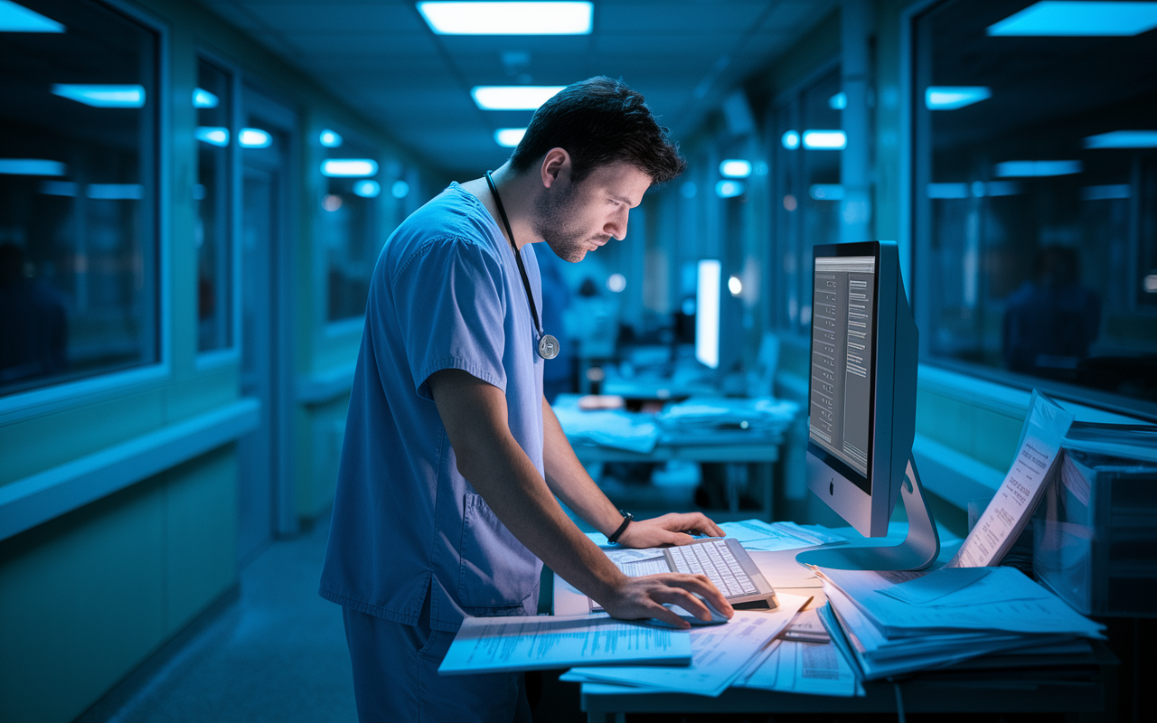 An orthopedic surgery resident, visibly tired in scrubs, standing at a computer in a dimly lit hospital corridor during nighttime. Papers and charts are scattered around, with a glowing monitor displaying patient data. The atmosphere is filled with a sense of urgency and fatigue, as the resident prepares for yet another consultation, highlighting the blurred line between work and personal life.