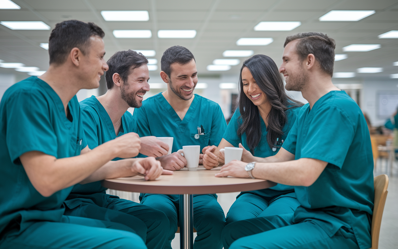 A group of orthopedic surgery residents, in scrubs, gathered around a small table in a hospital cafeteria, sharing laughs and stories. Their expressions show relief and camaraderie as they sip coffee and lean in towards each other for support. The atmosphere is warm and inviting, contrasting with the colder, sterile hospital environment, symbolizing their shared struggles and resilience.