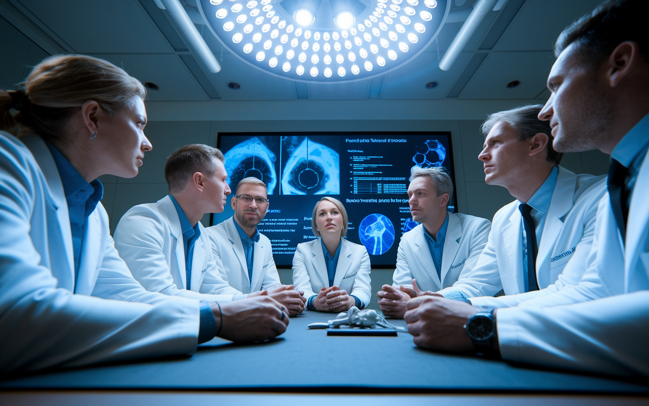 A group of diverse surgeons in white coats attentively looking at a large presentation screen in a modern conference room. The screen displays complex surgical data and innovative techniques. The lighting is bright, emphasizing the serious expressions on their faces as they engage in a lively discussion. Surgical models are placed on the table, showcasing the practical implications of the research being presented.