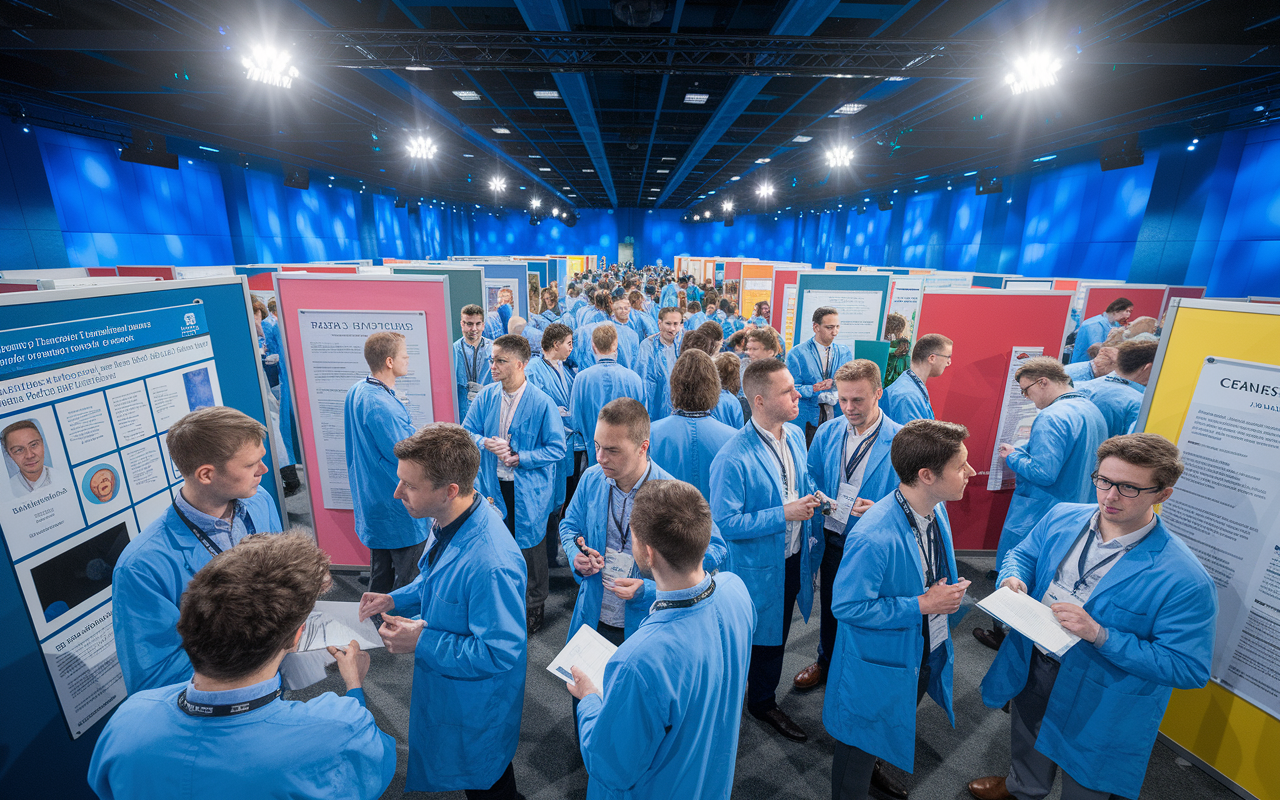 A group of eager surgical residents mingling at a vibrant medical conference, surrounded by colorful displays and posters showcasing various research studies. They are engrossed in conversations, exchanging ideas, notes, and contact information, with the atmosphere bustling with enthusiasm and collaboration. Bright overhead lights illuminate the event, highlighting the diversity of the participants and the cutting-edge research being discussed.