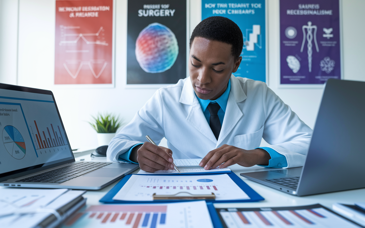 A focused surgical resident intently working at a desk, surrounded by laptops and papers as they meticulously revise their CV. Charts and graphs representing research findings are visible on one screen, while the other displays a well-structured CV, highlighting research experience. The bright office is furnished with motivational posters related to surgery, creating an inspiring atmosphere of professionalism and ambition.