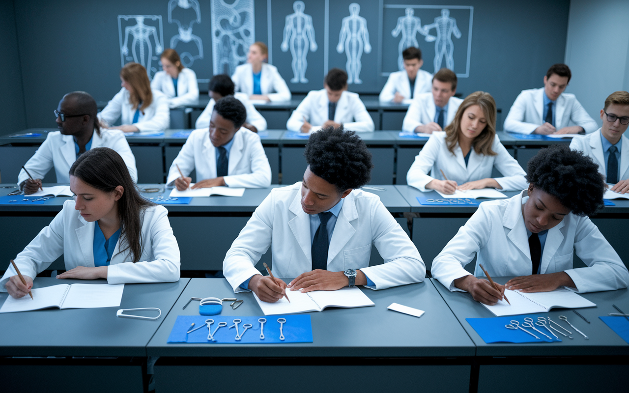 A diverse group of medical students in a well-lit lecture hall, deeply engaged in studying surgical techniques, taking notes, and discussing case studies. The room is adorned with anatomical diagrams and surgical tools displayed on tables, evoking a sense of seriousness and ambition. The students, wearing white coats, exhibit a mixture of determination and excitement as they prepare for their future roles.