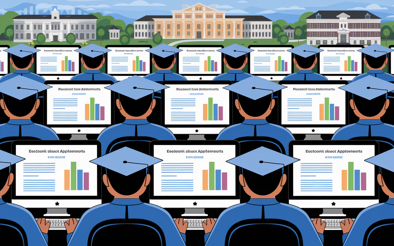 A digital collage showcasing multiple medical graduates, each at their computer, focused on submitting their Electronic Residency Application Service (ERAS) applications. The background features a bustling university campus, reflecting a sense of urgency and purpose. Screens display personal statements and colorful graphs representing academic achievements, accentuating the seriousness of the application process.