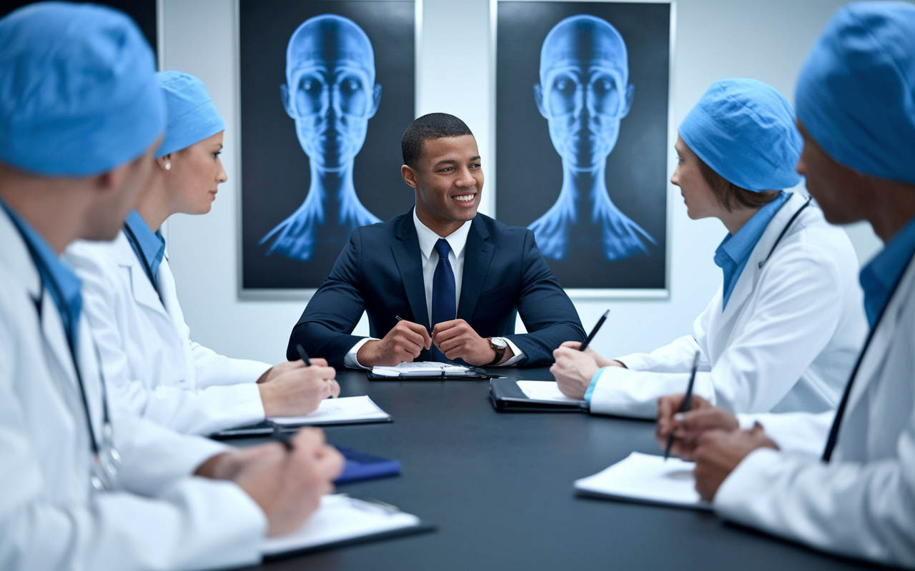 A professional interview setting where a candidate in formal attire is seated across from a panel of experienced surgeons. Each panelist is engaged, taking notes and discussing qualifications while the candidate, showcasing enthusiasm and confidence, answers questions. The background features surgical posters, conveying a focused and professional atmosphere.