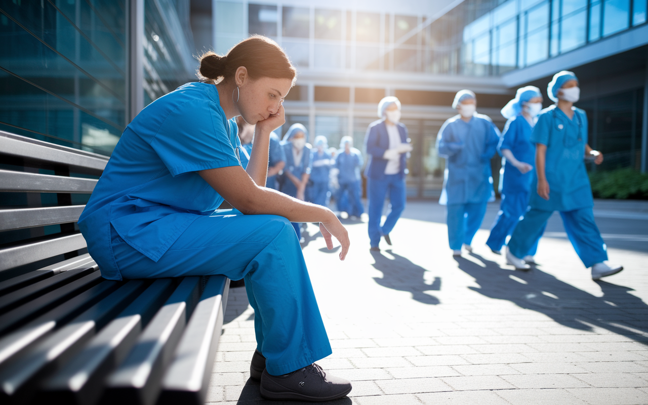 A close-up portrait of a medical resident seated alone on a bench outside a hospital, reflecting a mix of determination and contemplation after receiving a rejection. The backdrop features bustling hospital activity, with surgical team members hurrying by, symbolizing the ongoing journey. Natural light casts a warm glow, suggesting hope and resilience through challenges.