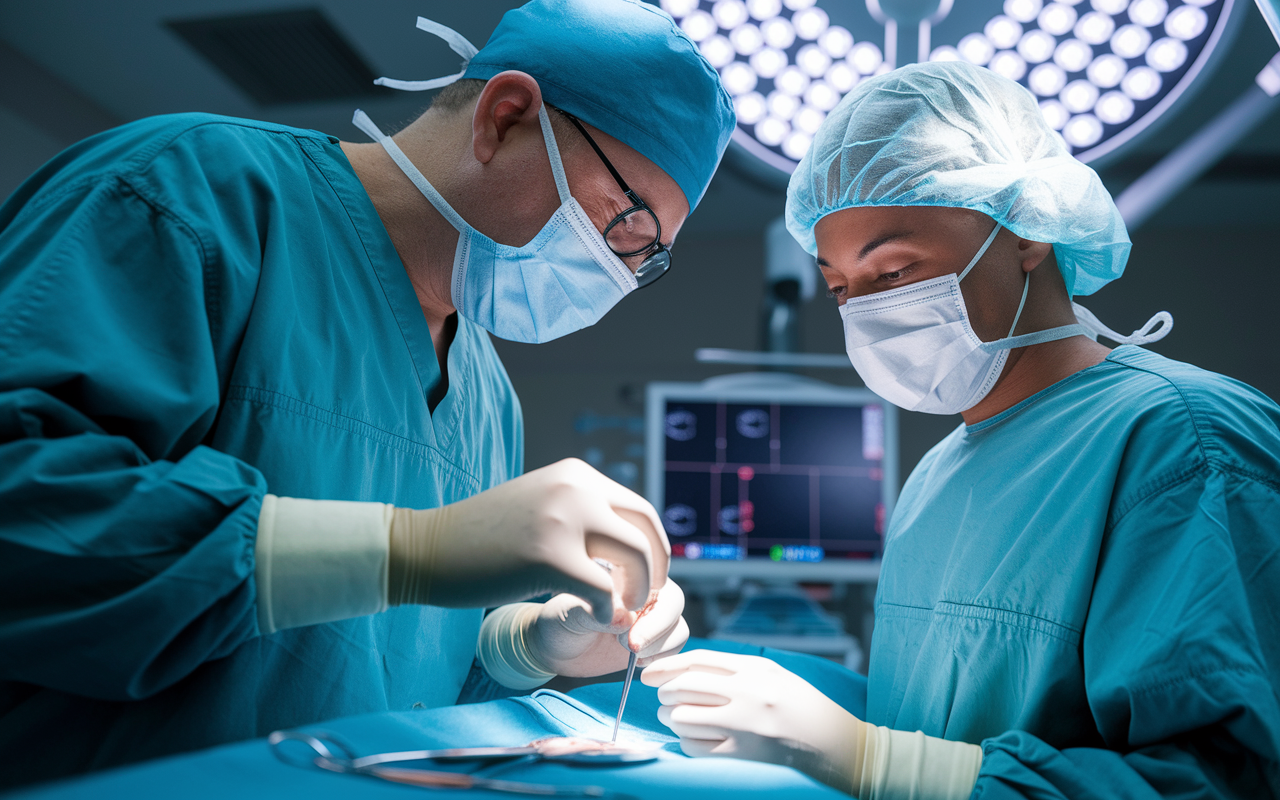 A close-up of a compassionate surgeon in scrubs actively mentoring a young resident in an operating room. The experienced mentor is demonstrating a surgical technique on a model, while the resident watches intently, absorbing knowledge and skills. The operating room is brightly lit with surgical instruments neatly organized, conveying a sense of professionalism and dedication.