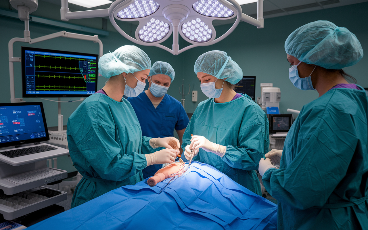 A vibrant scene in a pediatric surgery simulation lab where residents practice on realistic mannequins. Focus on a female resident successfully performing a mock surgery, with attentive instructors providing feedback in the background. The lab is equipped with high-tech patient simulation devices and monitors displaying vital signs, evoking a sense of thorough preparation and learning.