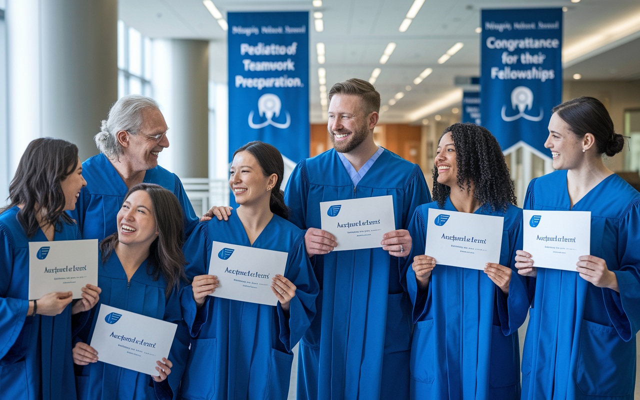 A joyous celebration in a hospital lobby where recent graduates of a pediatric surgery residency are gathered with mentors, holding acceptance letters for their fellowships. Laughter and excitement radiate from the group, with congratulatory banners in the background, representing the success of teamwork and preparation.