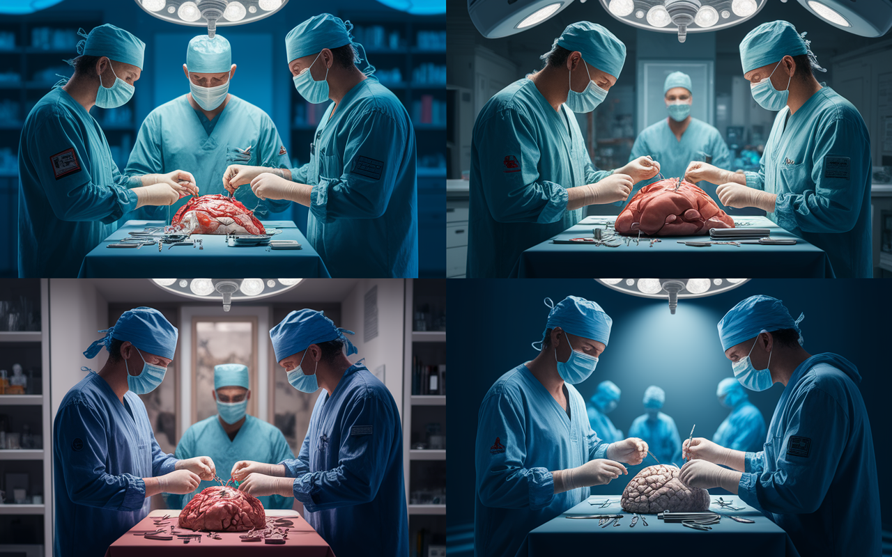 A collage showcasing various surgical specialties, featuring a general surgeon performing a routine operation, a cardiothoracic surgeon working on a heart procedure, an orthopedic surgeon fixing a fracture, and a neurosurgeon operating on a brain. Each scene should highlight the uniqueness of the surgeries and the environment, with surgeons in respective scrubs and gear. The art style should blend realism with artistic depiction, emphasizing the complexity and diversity within the field of surgery.