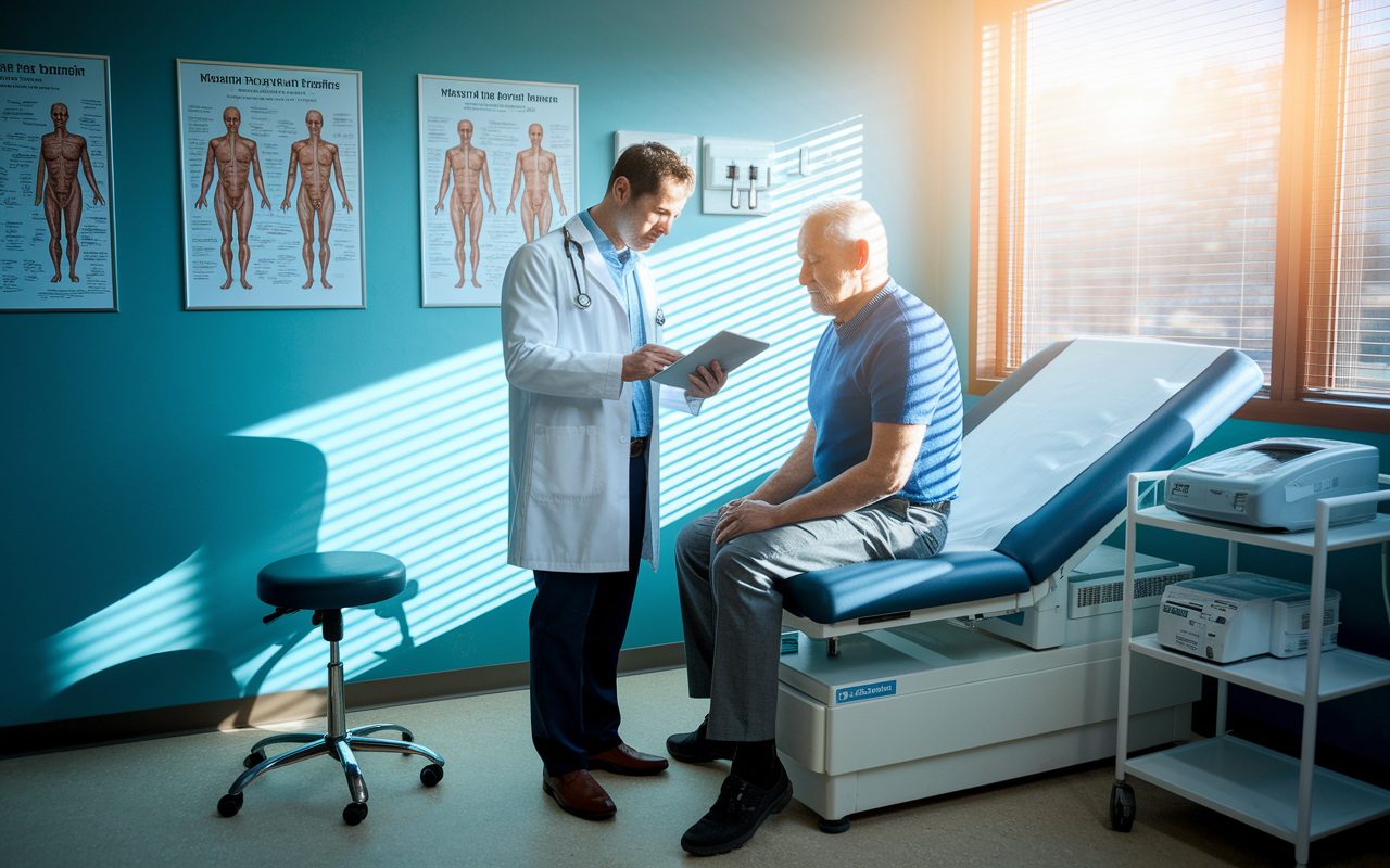 An internist in a well-equipped examination room, attentively diagnosing an elderly patient sitting on the examination table. The walls are adorned with medical charts and anatomical posters, creating an informative environment. Sunlight streams through a window, illuminating the scene as the internist reviews lab results on a tablet, depicting a blend of professionalism, compassion, and clinical diligence.