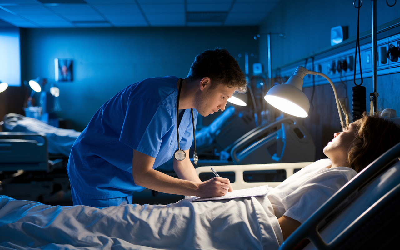 A young medical resident in scrubs during a night shift in a bustling hospital ward. The resident is intently attending to a patient while scribbling notes on a chart under the warm glow of bedside lamps. Shadows play across the room, capturing the atmosphere of dedication and the intensity of hospital life during late hours.