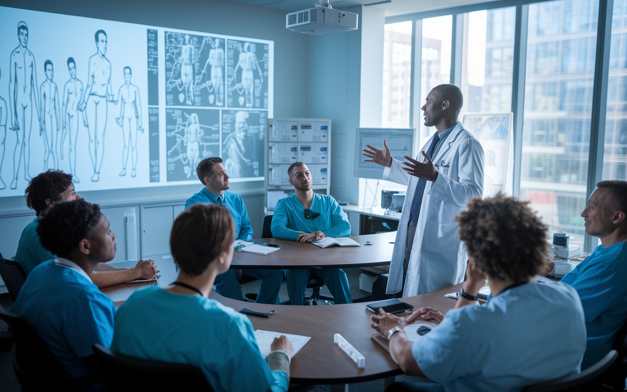 A dynamic internal medicine training session in a hospital lecture room where a second-year resident is presenting a case study to a captivated audience of fellow residents and attendings. The ambiance is bright and educational, with an array of medical equipment and learning materials visible. The slide projector displays intricate medical charts, fostering an engaging learning environment.