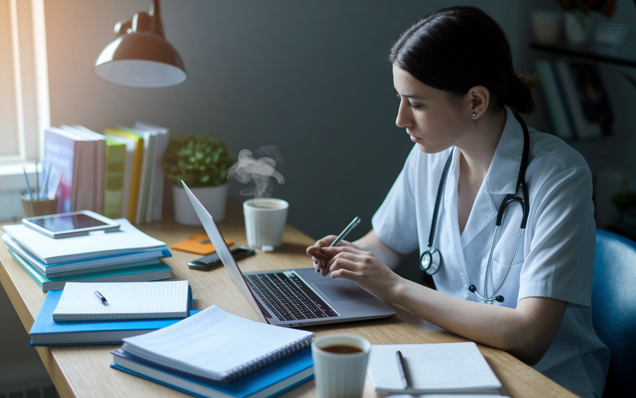 A medical student in a quiet study space, pouring over her laptop as she writes her personal statement for residency applications. The desk is cluttered with medical textbooks, reference materials, and a steaming cup of coffee, capturing the focused determination and emotional weight of preparing for her future in internal medicine.