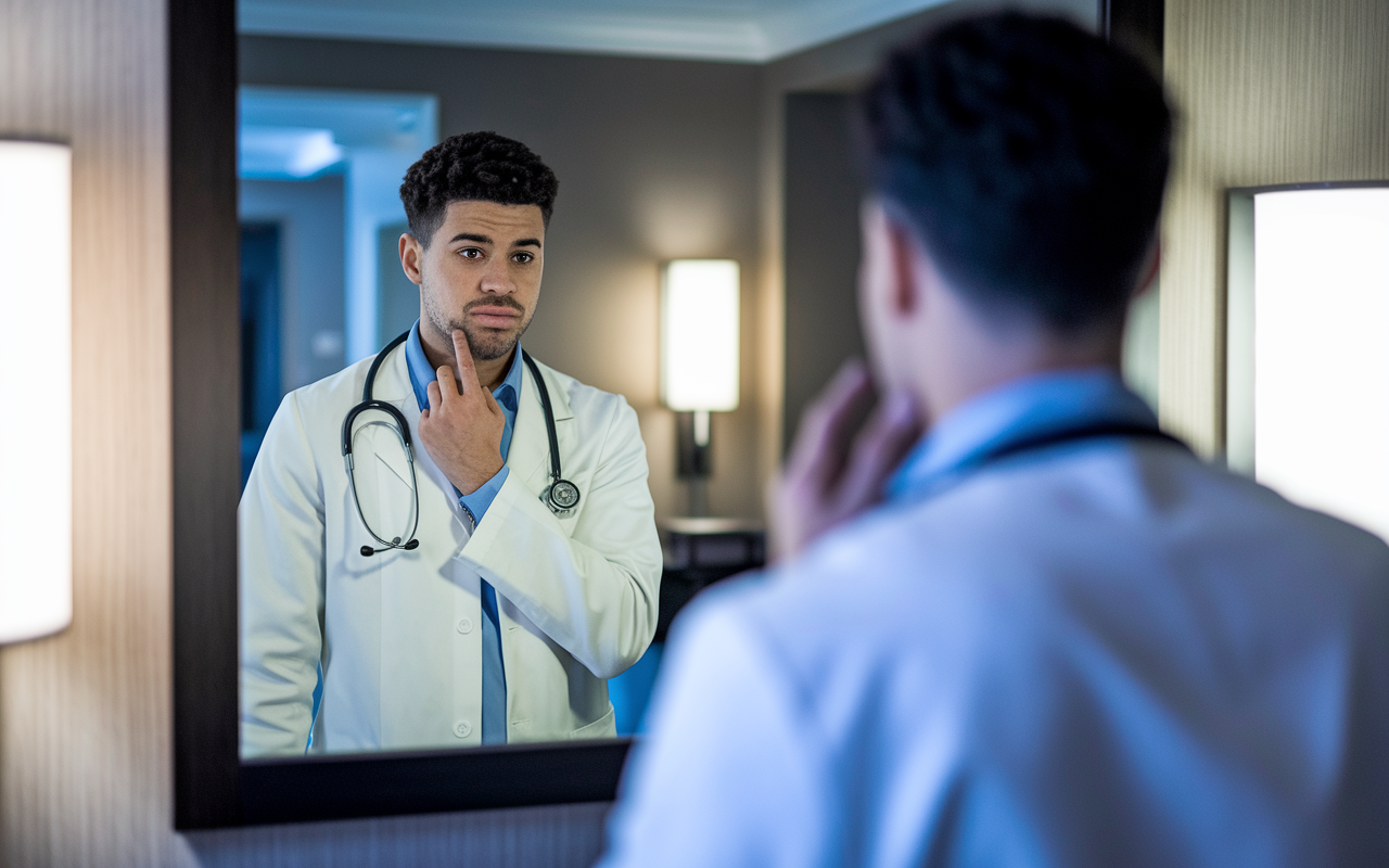 A medical student rehearsing for residency interviews in a well-lit hotel room, thoughtfully looking into a mirror while practicing answers to common questions. Business attire is neatly pressed, emphasizing professionalism. The atmosphere captures a mix of anticipation and determination.