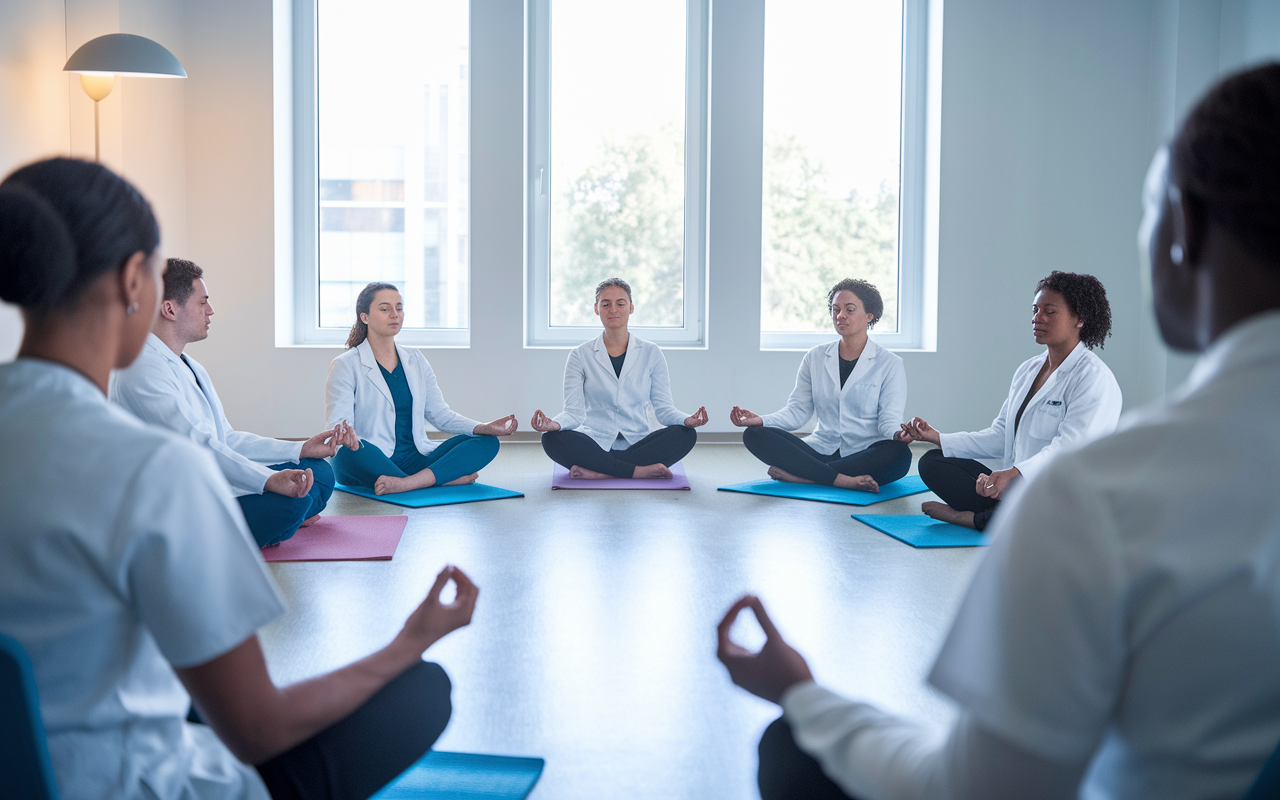 A group of medical residents engaged in a mindfulness session in a bright hospital room, sitting in a circle on yoga mats with serene expressions. Soft music plays in the background, promoting tranquility and camaraderie—capturing the essence of balance in a demanding medical career.