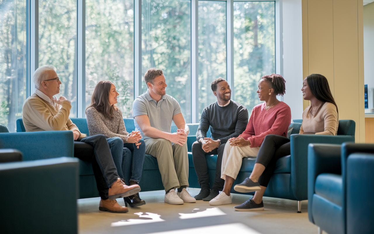 A diverse group of residents gathered in a hospital lounge, sharing a moment of camaraderie and support while discussing their experiences. The room has large windows that allow natural light to flood in, creating an uplifting atmosphere of friendship and motivation in the face of challenges.