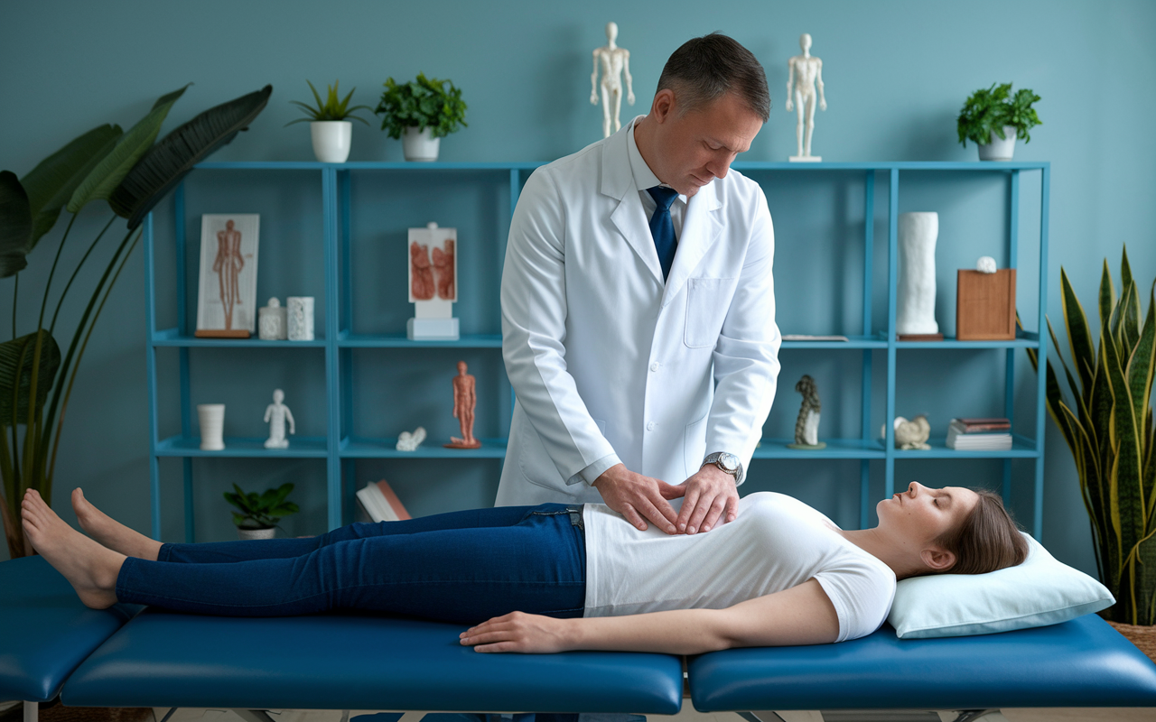 A Doctor of Osteopathic Medicine (DO) in a serene office, gently performing osteopathic manipulative treatment (OMT) on a patient lying comfortably on a treatment table. The room is filled with calming colors, anatomical models, and plants creating a soothing atmosphere. The DO exhibits focused determination, conveying a holistic view of health, while the patient appears relaxed, illustrating the connection between physical and emotional well-being.