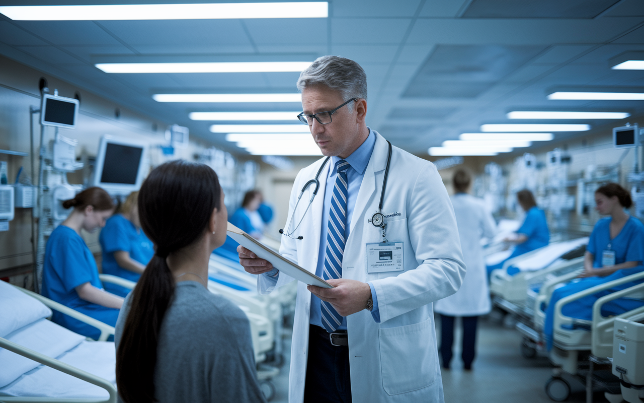 A Doctor of Medicine (MD) in a busy hospital environment, engaged in a serious discussion with a patient while holding a medical chart. The backdrop displays modern medical technology and equipment, with nurses attending to other patients. The atmosphere is clinical yet supportive, highlighting the MD's focus on diagnosing and treating diseases through conventional methods. Bright, fluorescent lights emphasize the urgency of hospital care.